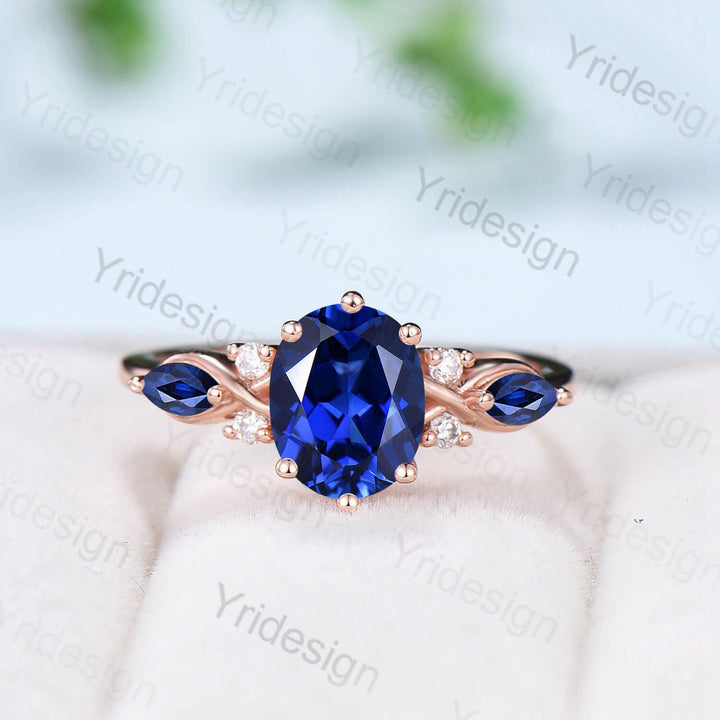 Vintage oval sapphire engagement ring rose gold twisted unique lab blue crystal wedding ring set art deco anniversary ring Christmas gift - PENFINE