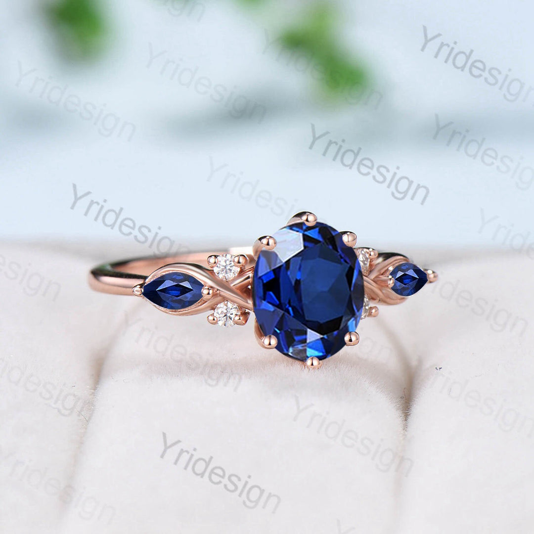 Vintage oval sapphire engagement ring rose gold twisted unique lab blue crystal wedding ring set art deco anniversary ring Christmas gift - PENFINE