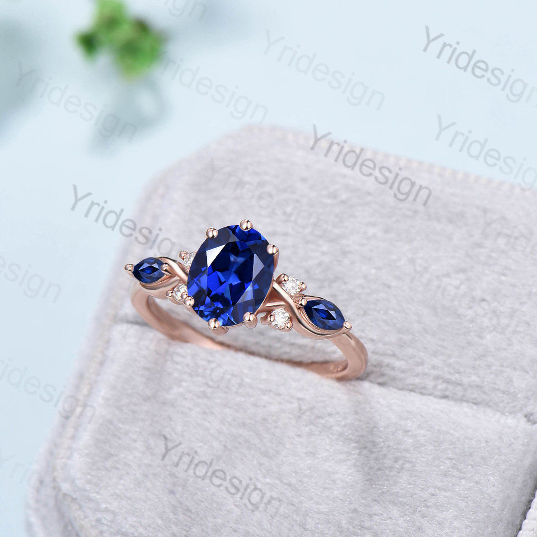 Vintage oval sapphire engagement ring rose gold twisted unique lab blue crystal wedding ring set art deco anniversary ring Christmas gift - PENFINE