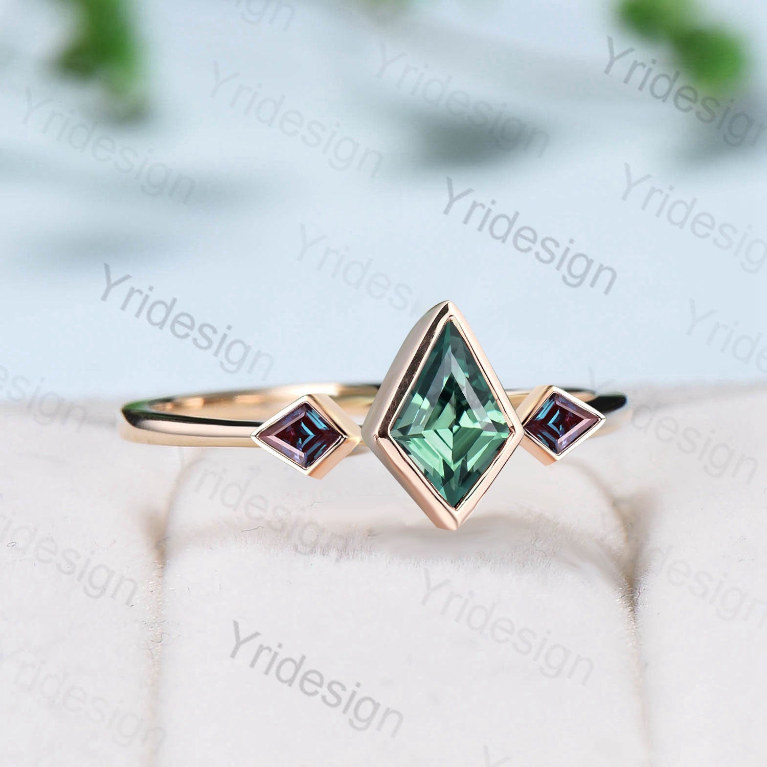 Vintage Kite Lab Green Sapphire Engagement Ring, Alexandrite Accents - PENFINE