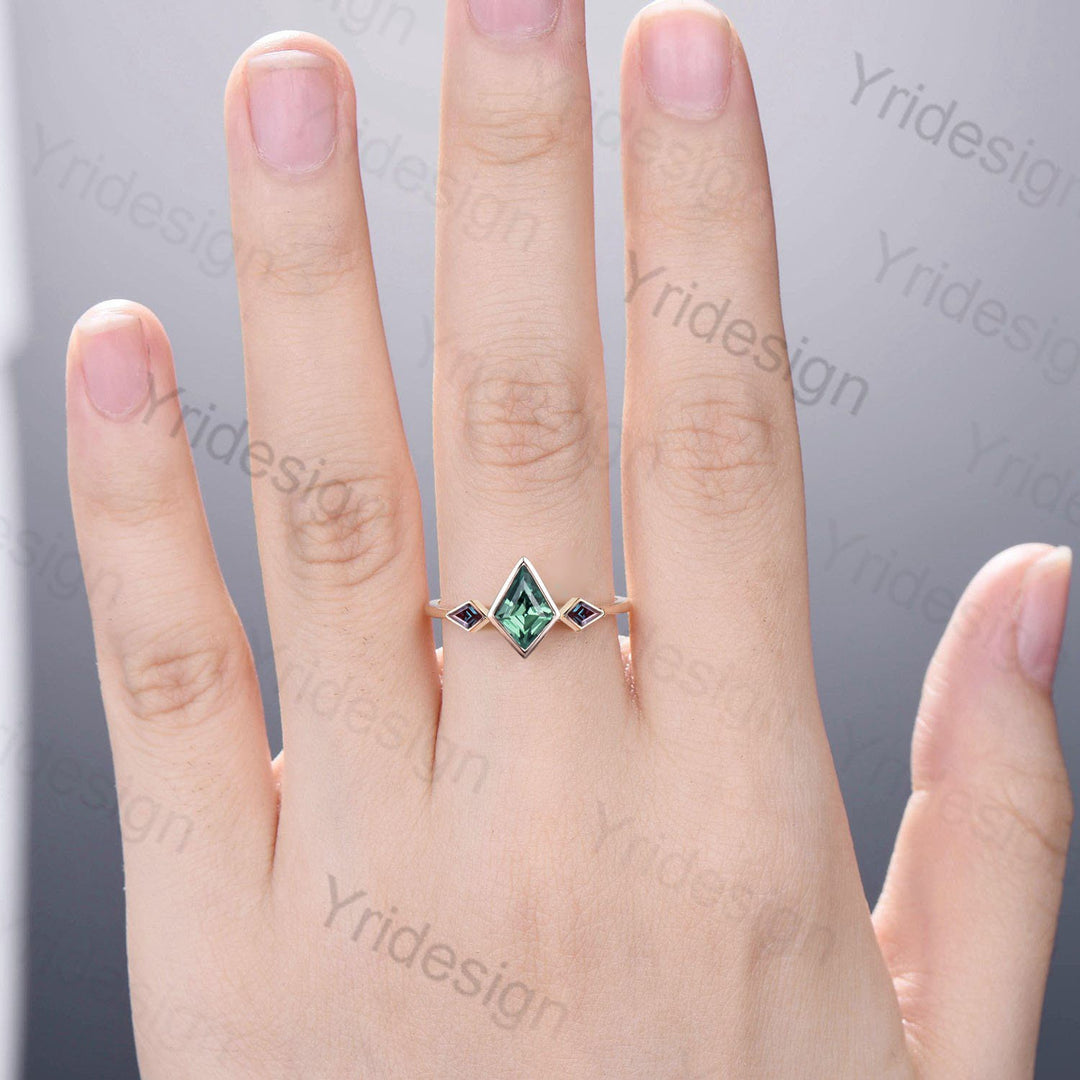 Vintage Kite Lab Green Sapphire Engagement Ring, Alexandrite Accents - PENFINE