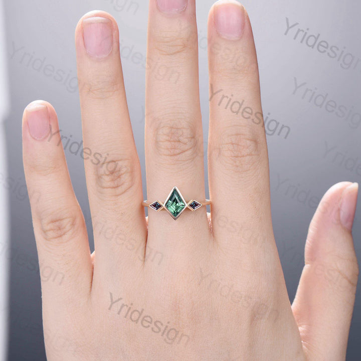 Vintage Kite Lab Green Sapphire Engagement Ring, Alexandrite Accents - PENFINE