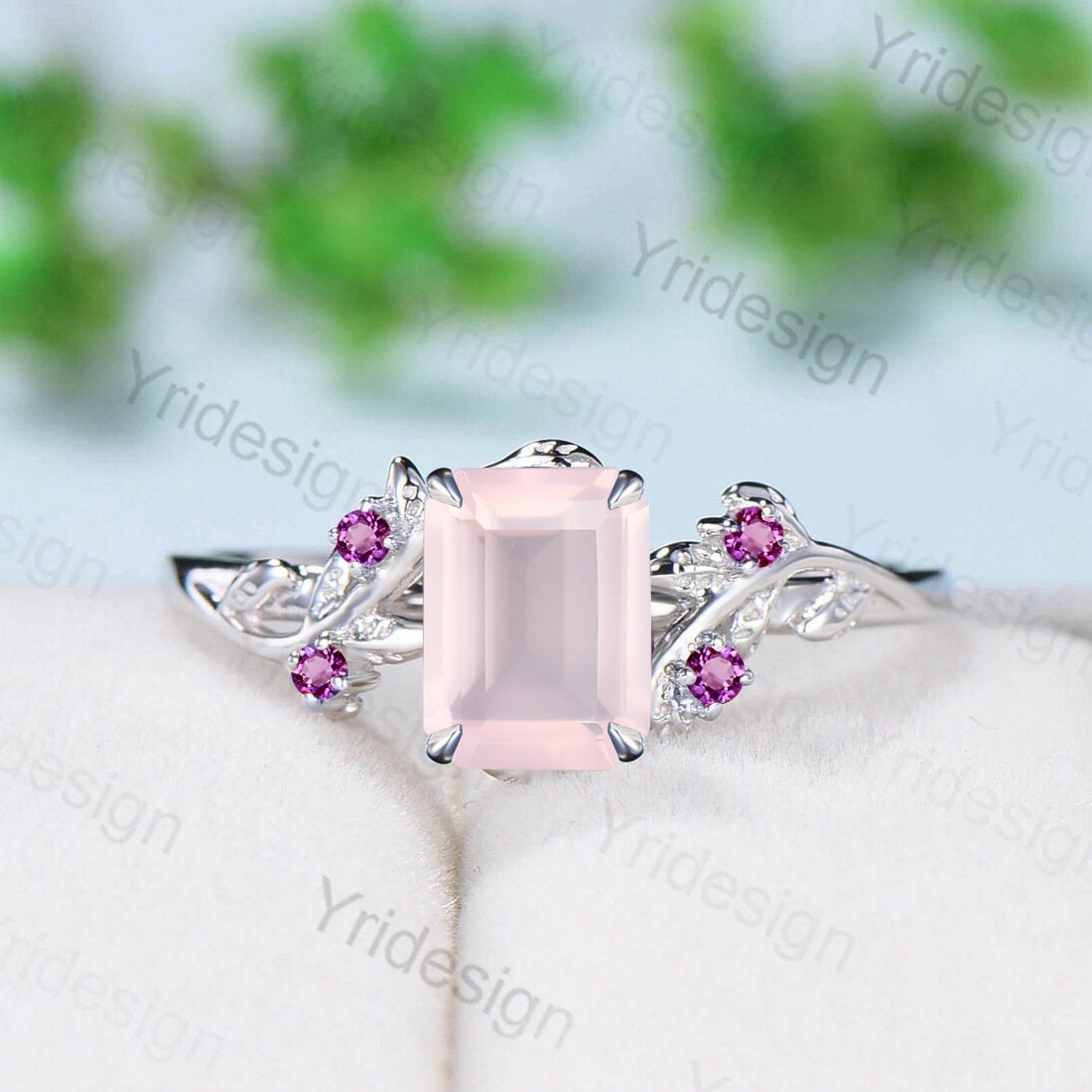 Rose Quartz Ring, Silver Twig Band, Pink Tourmaline Accent, Handmade Jewelry - PENFINE