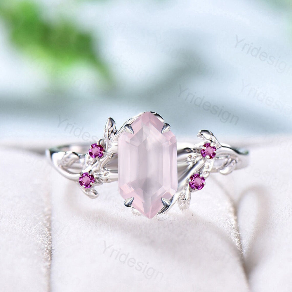 Rose Quartz Ring, Silver Twig Band, Pink Tourmaline Accent, Handmade Jewelry - PENFINE