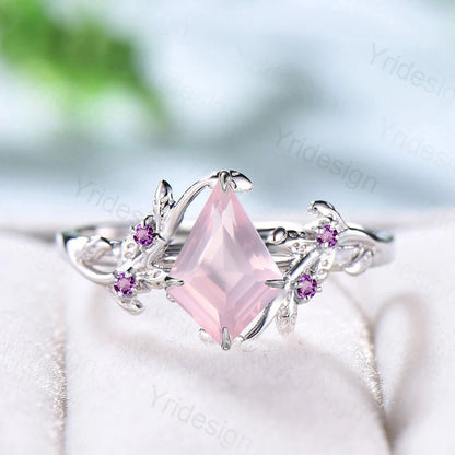 Rose Quartz Ring, Silver Twig Band, Pink Tourmaline Accent, Handmade Jewelry - PENFINE