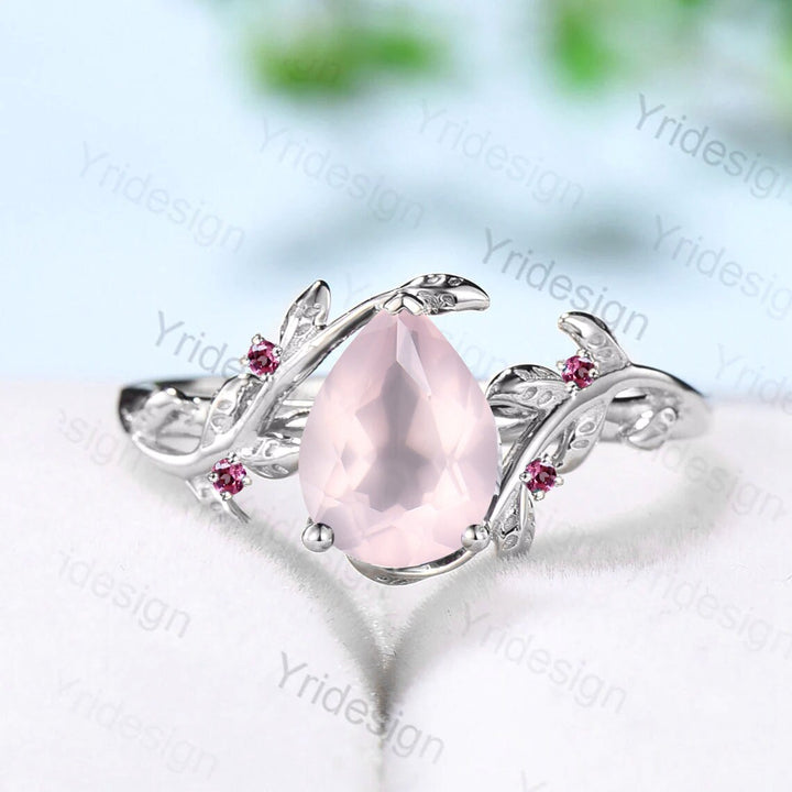 Rose Quartz Ring, Silver Twig Band, Pink Tourmaline Accent, Handmade Jewelry - PENFINE