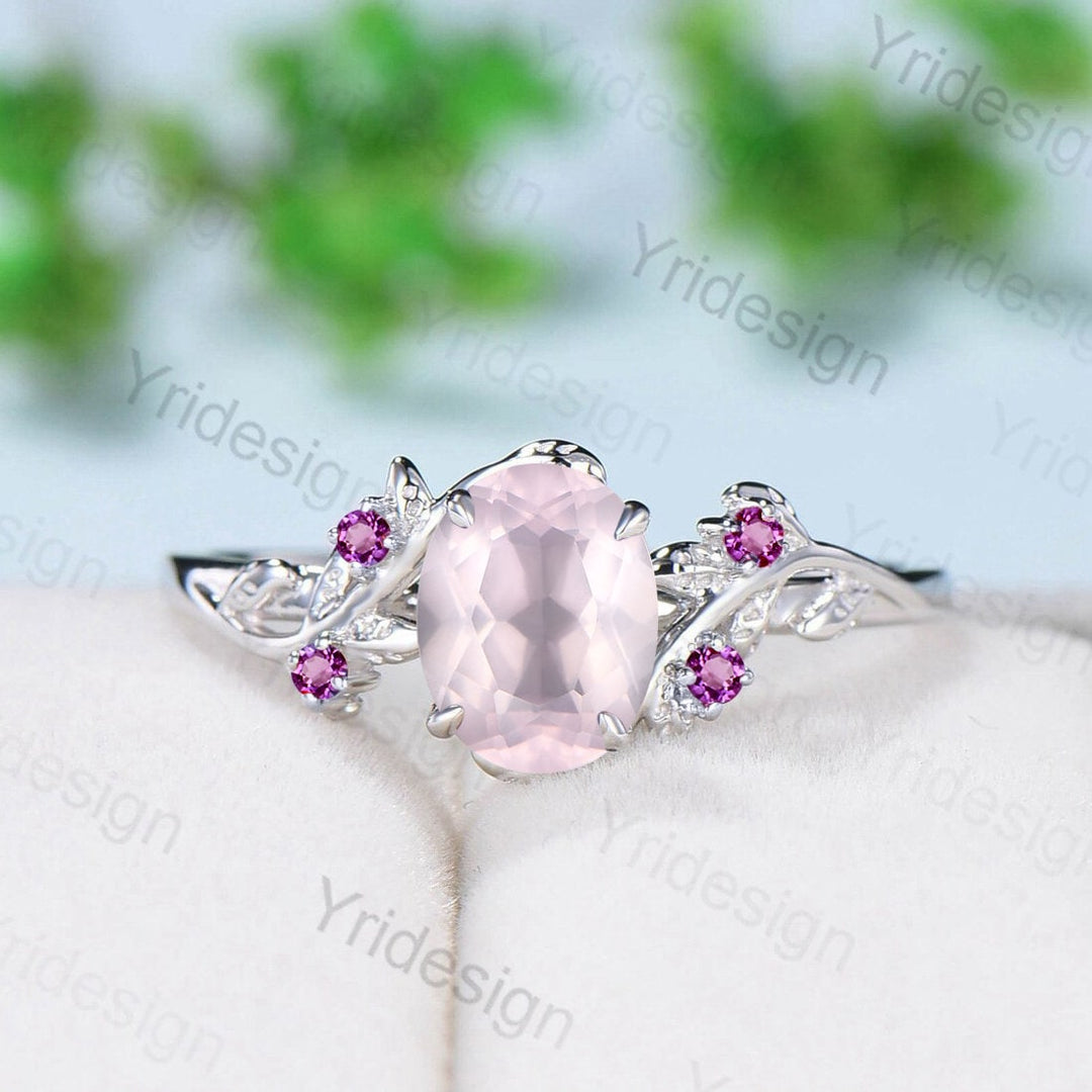 Rose Quartz Ring, Silver Twig Band, Pink Tourmaline Accent, Handmade Jewelry - PENFINE