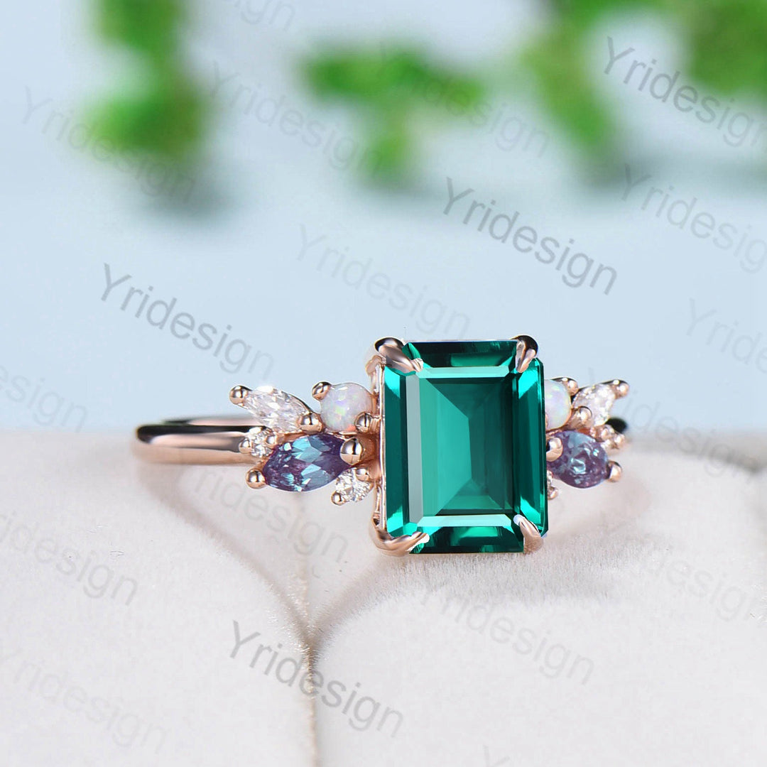 Vintage Emerald Cut Emerald Engagement Ring Rose Gold Alternative Alexandrite Opal Wedding Ring For Women Unique Cluster Promise Ring Gift - PENFINE