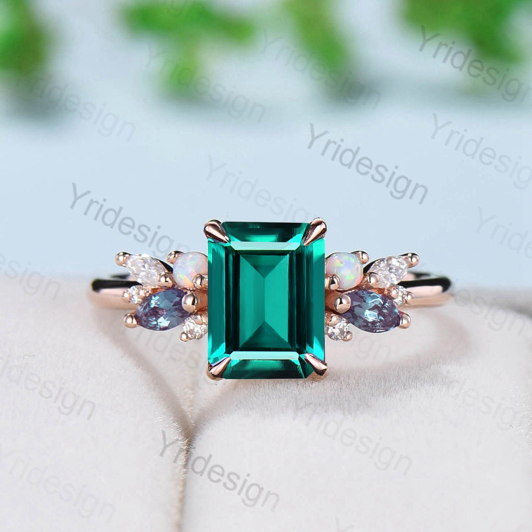 Vintage Emerald Cut Emerald Engagement Ring Rose Gold Alternative Alexandrite Opal Wedding Ring For Women Unique Cluster Promise Ring Gift - PENFINE