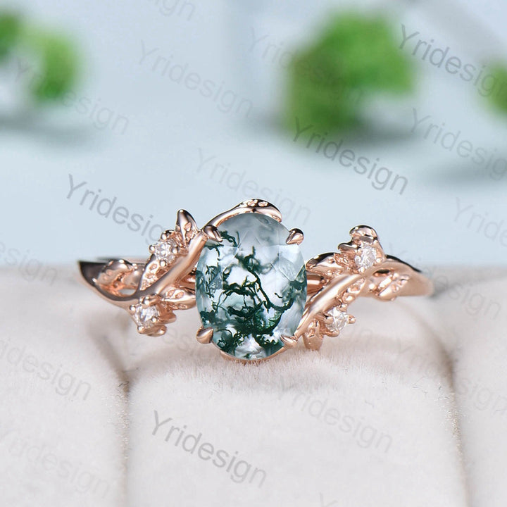 1.5CT Oval moss agate ring set cluster diamond nature inspired aquatic agate wedding ring set Vintage crystal engagement ring 14k rose gold - PENFINE