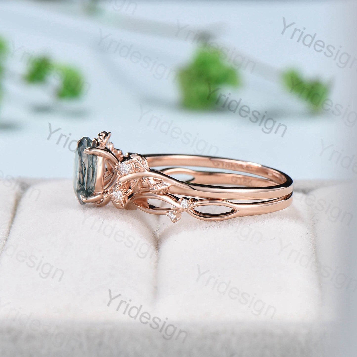 1.5CT Oval moss agate ring set cluster diamond nature inspired aquatic agate wedding ring set Vintage crystal engagement ring 14k rose gold - PENFINE