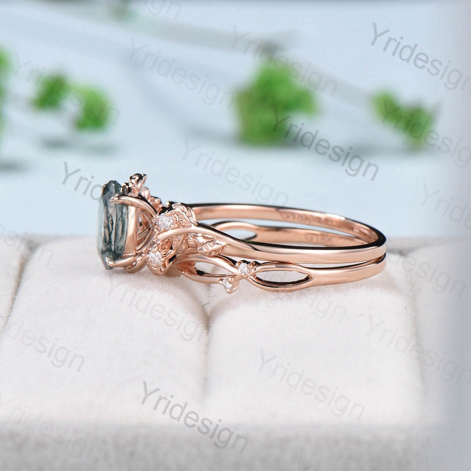 1.5CT Oval moss agate ring set cluster diamond nature inspired aquatic agate wedding ring set Vintage crystal engagement ring 14k rose gold - PENFINE