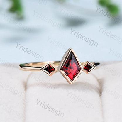 Kite Cut Red Garnet Engagement Ring - Modern Bezel Set Three Stone Band - PENFINE