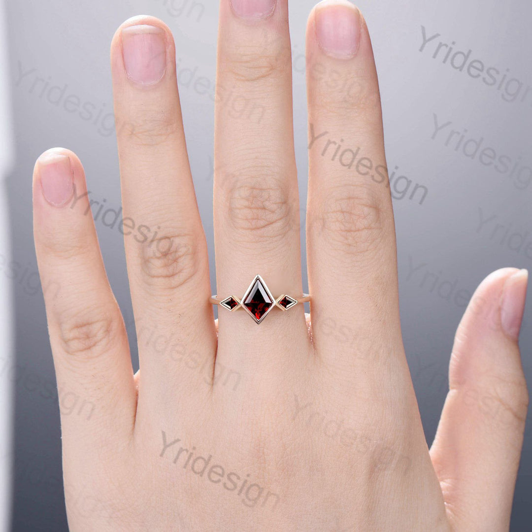 Kite Cut Red Garnet Engagement Ring - Modern Bezel Set Three Stone Band - PENFINE