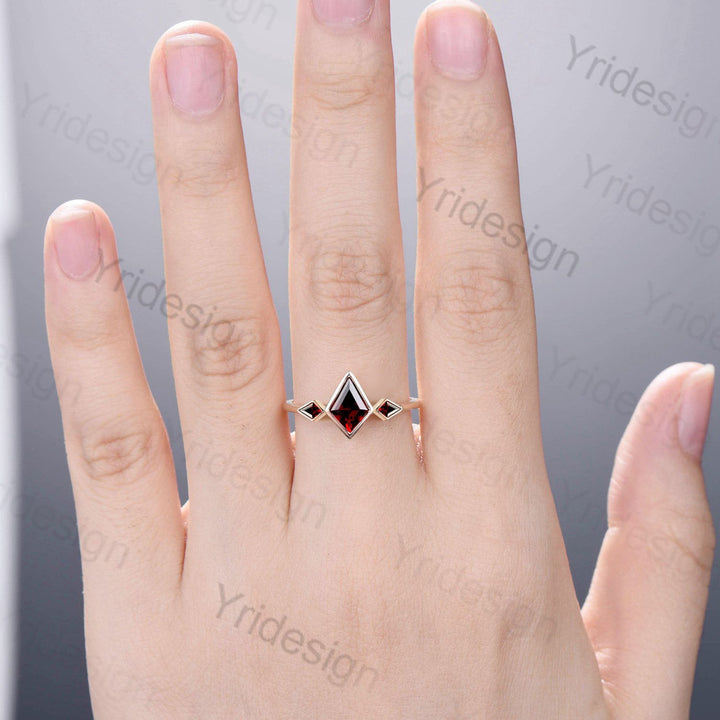 Kite Cut Red Garnet Engagement Ring - Modern Bezel Set Three Stone Band - PENFINE