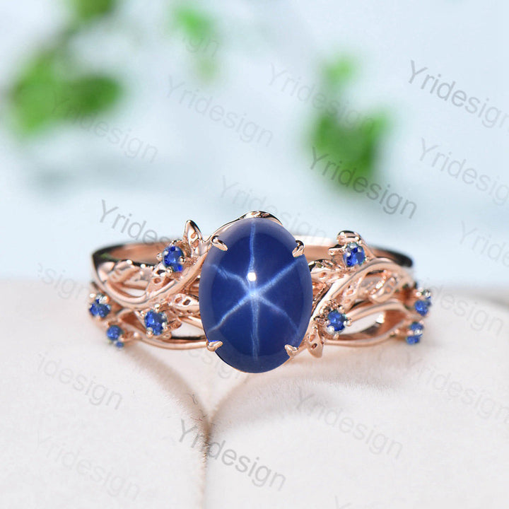 Leaf Star Sapphire Ring Set, Rose Gold Cluster Wedding Rings - PENFINE