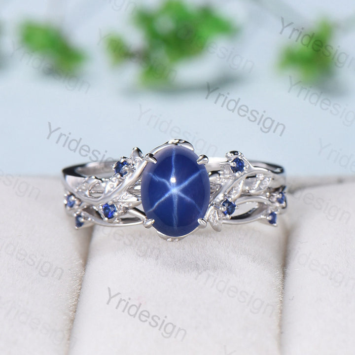 Leaf Star Sapphire Ring Set, Rose Gold Cluster Wedding Rings - PENFINE