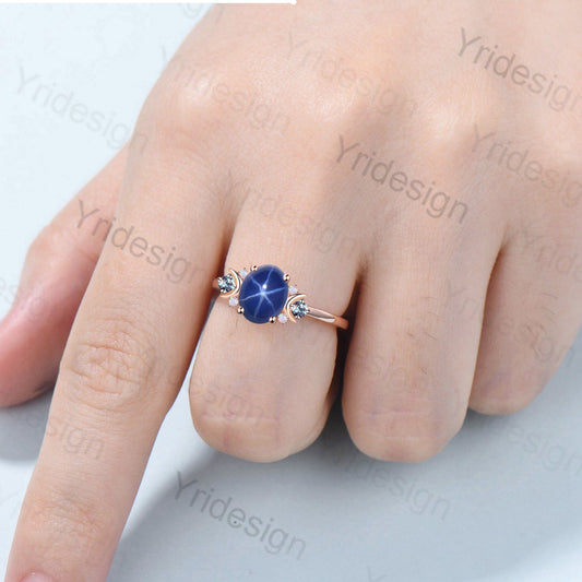 Vintage Star Sapphire Ring, Galaxy Moon Crystal, Moissanite Wedding Ring - PENFINE