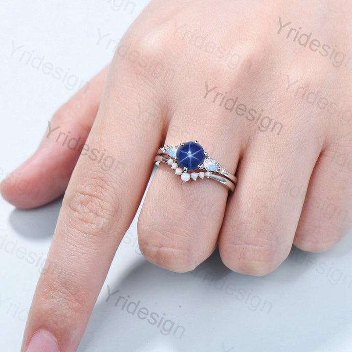 Vintage Star Sapphire Engagement Ring Set, Pear Moonstone & Opal - PENFINE