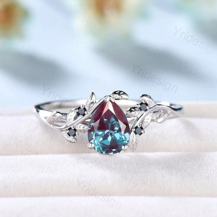 Nature Inspired Alexandrite Leaf Branch Engagement Ring Vintage Unique Pear Color Change Stone Ring Cluster Twig Wedding Ring Proposal Gifts - PENFINE
