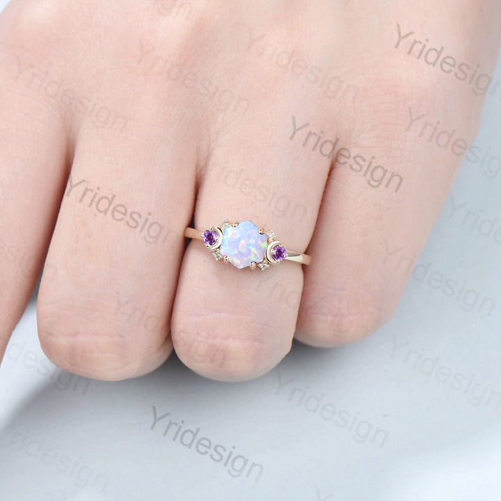 Vintage Moon Opal Amethyst Engagement Ring 14K Yellow Gold Unique Hexagon Fire Opal Promise Ring Women Art Deco Cluster Promise Ring Gift - PENFINE