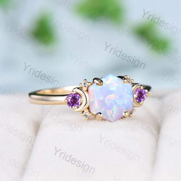 Vintage Moon Opal Amethyst Engagement Ring 14K Yellow Gold Unique Hexagon Fire Opal Promise Ring Women Art Deco Cluster Promise Ring Gift - PENFINE