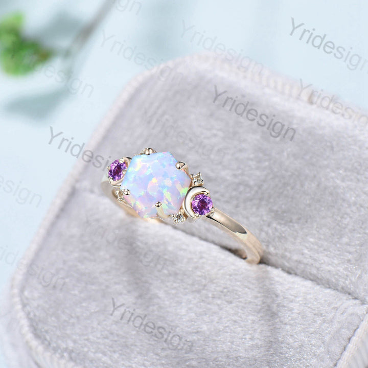 Vintage Moon Opal Amethyst Engagement Ring 14K Yellow Gold Unique Hexagon Fire Opal Promise Ring Women Art Deco Cluster Promise Ring Gift - PENFINE