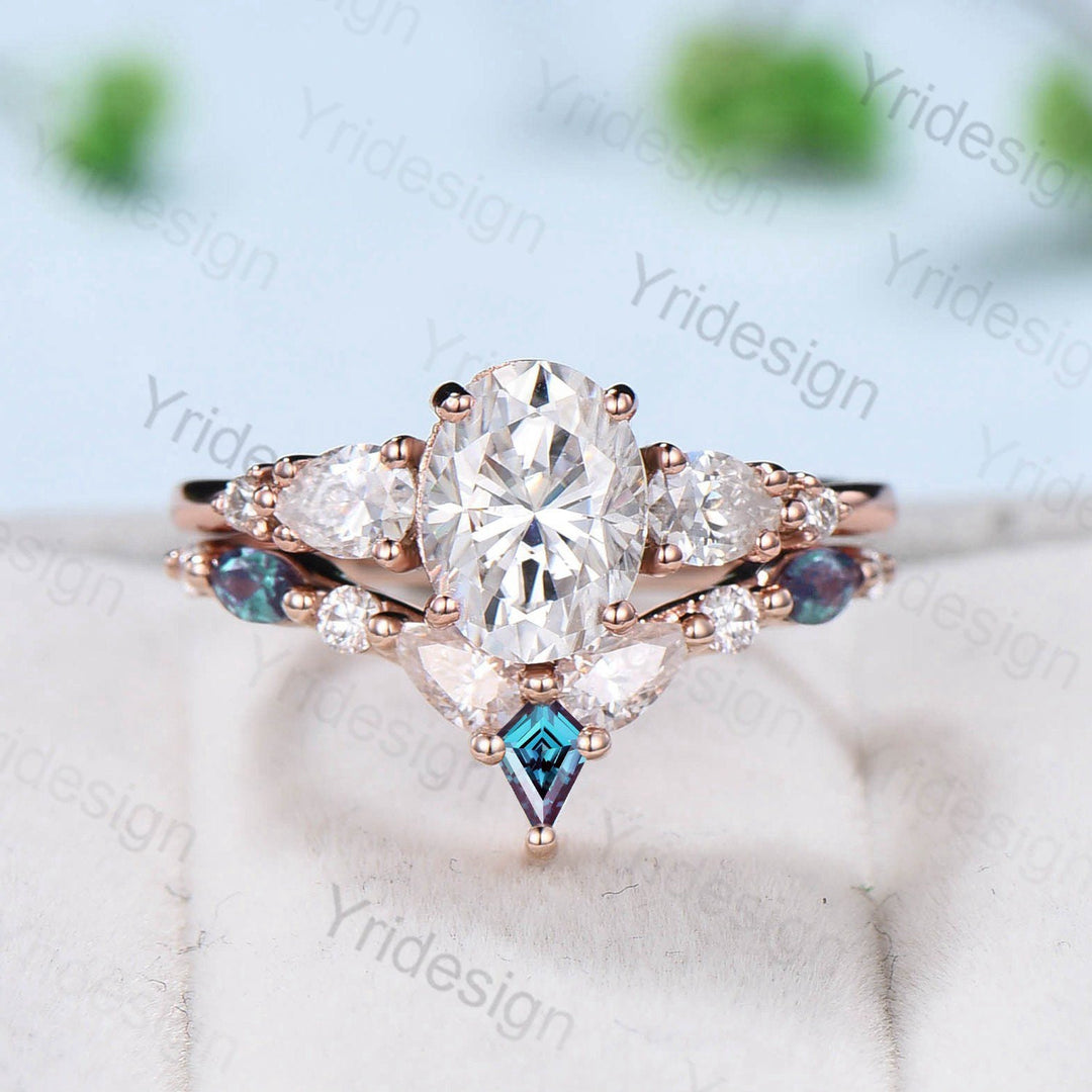 Vintage Oval Moissanite engagement ring set unique moissanite alexandrite wedding set crown art deco stacking band Bridal Promise ring Women - PENFINE