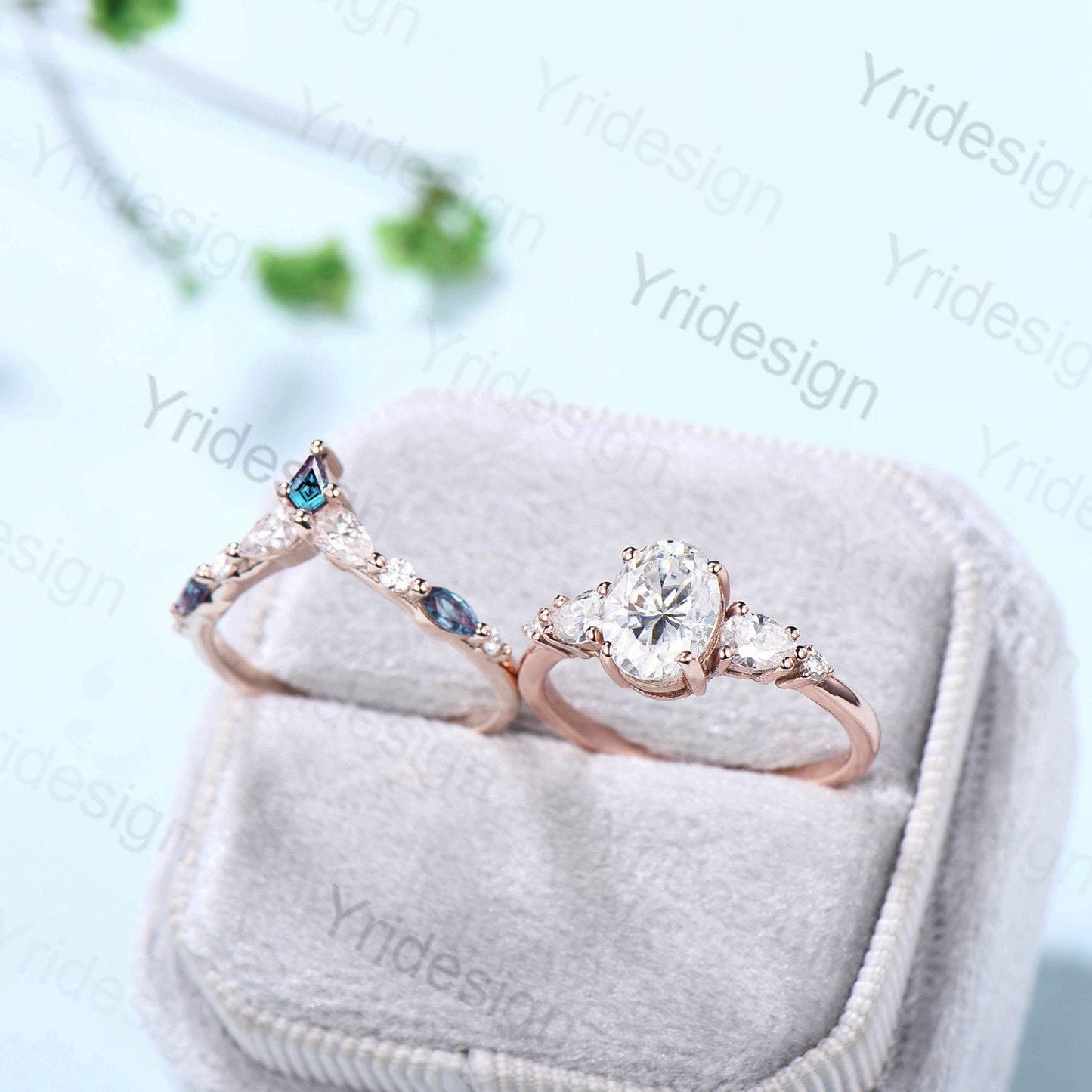 Vintage Oval Moissanite engagement ring set unique moissanite alexandrite wedding set crown art deco stacking band Bridal Promise ring Women - PENFINE