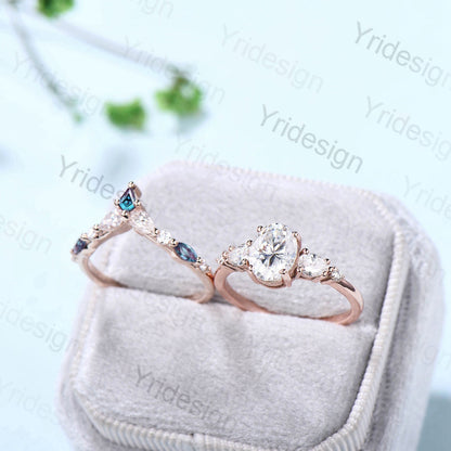 Vintage Oval Moissanite engagement ring set unique moissanite alexandrite wedding set crown art deco stacking band Bridal Promise ring Women - PENFINE