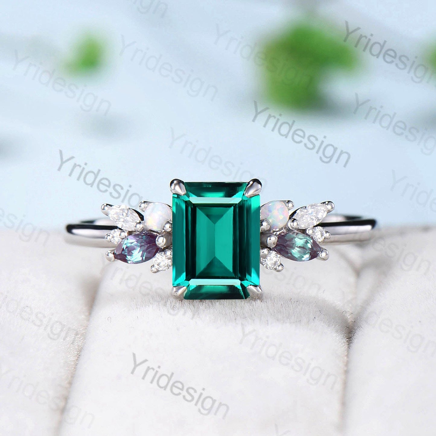 Vintage Emerald Cut Emerald Engagement Ring Rose Gold Alternative Alexandrite Opal Wedding Ring For Women Unique Cluster Promise Ring Gift - PENFINE