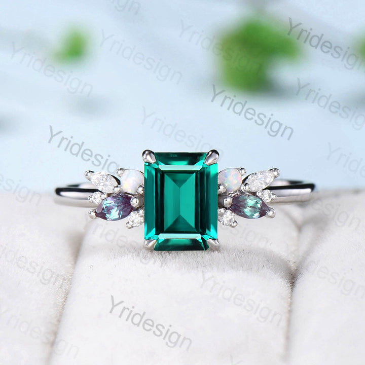 Vintage Emerald Cut Emerald Engagement Ring Rose Gold Alternative Alexandrite Opal Wedding Ring For Women Unique Cluster Promise Ring Gift - PENFINE