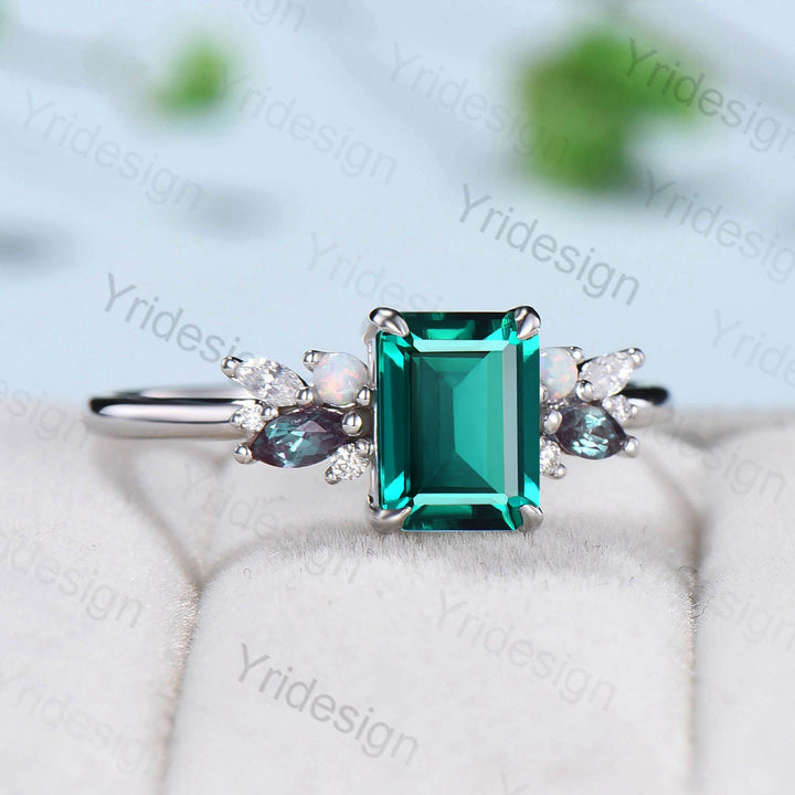 Vintage Emerald Cut Emerald Engagement Ring Rose Gold Alternative Alexandrite Opal Wedding Ring For Women Unique Cluster Promise Ring Gift - PENFINE