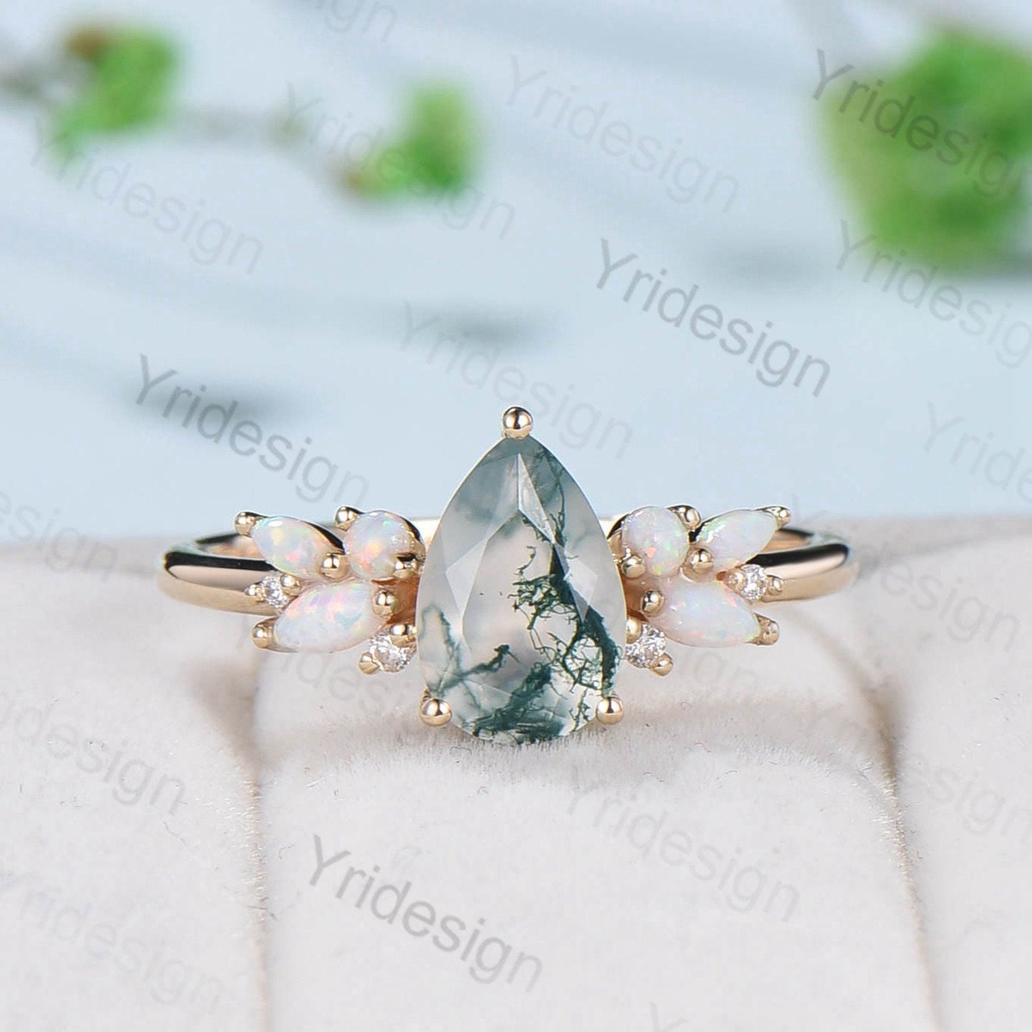 Vintage Moss Agate Engagement Ring Unique Pear Shaped Bee green crystal Wedding Ring Women  Rose Gold Art Deco Cluster Opal Promise Ring - PENFINE