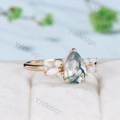 Vintage Moss Agate Engagement Ring Unique Pear Shaped Bee green crystal Wedding Ring Women  Rose Gold Art Deco Cluster Opal Promise Ring - PENFINE