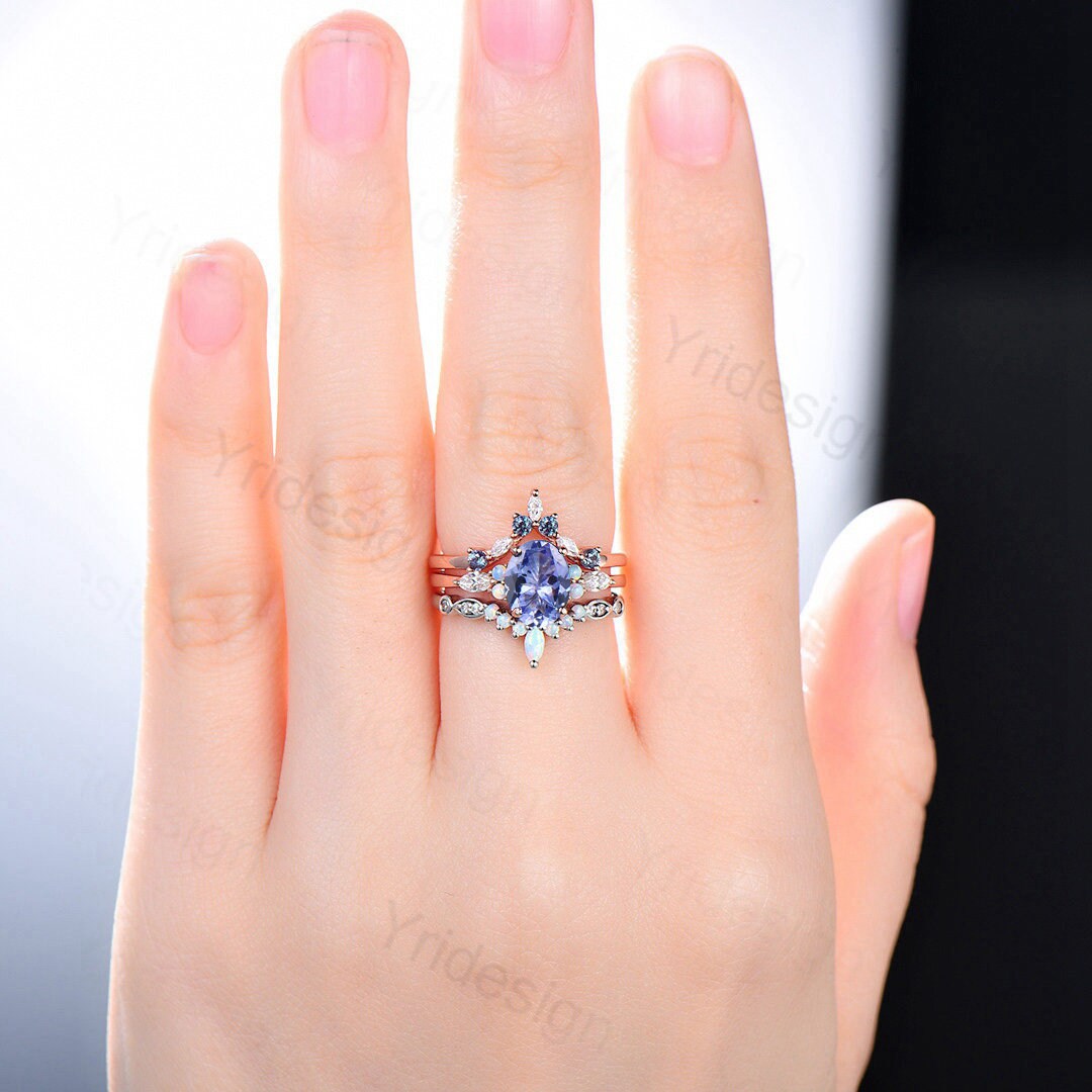 Vintage tanzanite engagement ring set | Unique rose gold wedding set | Art deco opal alexandrite stacking ring | bridal promise ring set - PENFINE