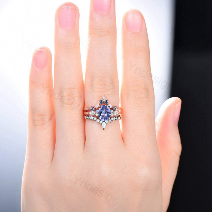 Vintage tanzanite engagement ring set | Unique rose gold wedding set | Art deco opal alexandrite stacking ring | bridal promise ring set - PENFINE