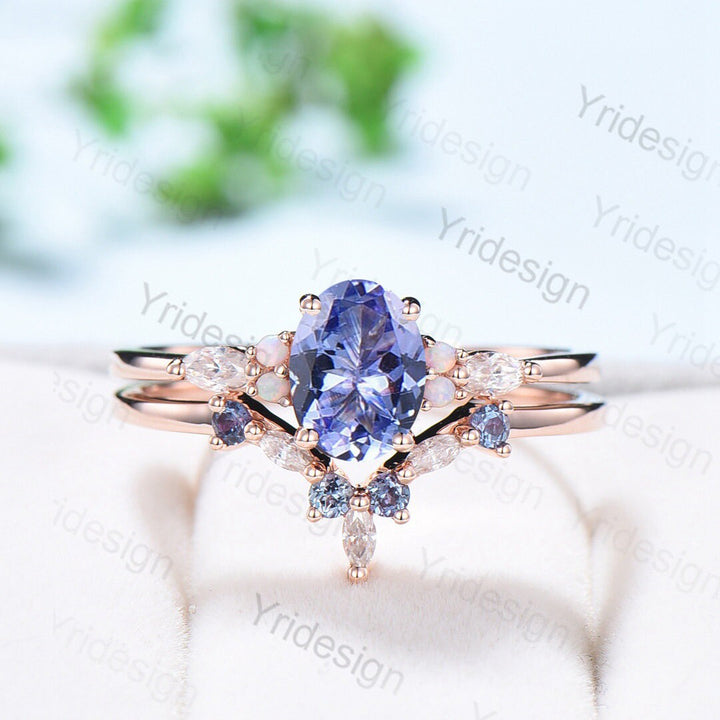 Vintage tanzanite engagement ring set | Unique rose gold wedding set | Art deco opal alexandrite stacking ring | bridal promise ring set - PENFINE