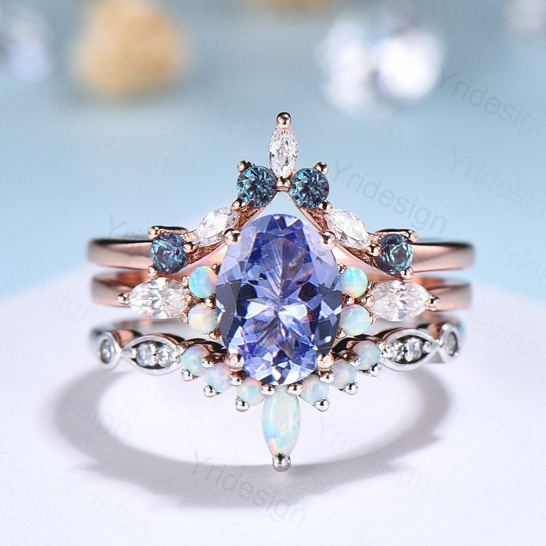 Vintage tanzanite engagement ring set | Unique rose gold wedding set | Art deco opal alexandrite stacking ring | bridal promise ring set - PENFINE