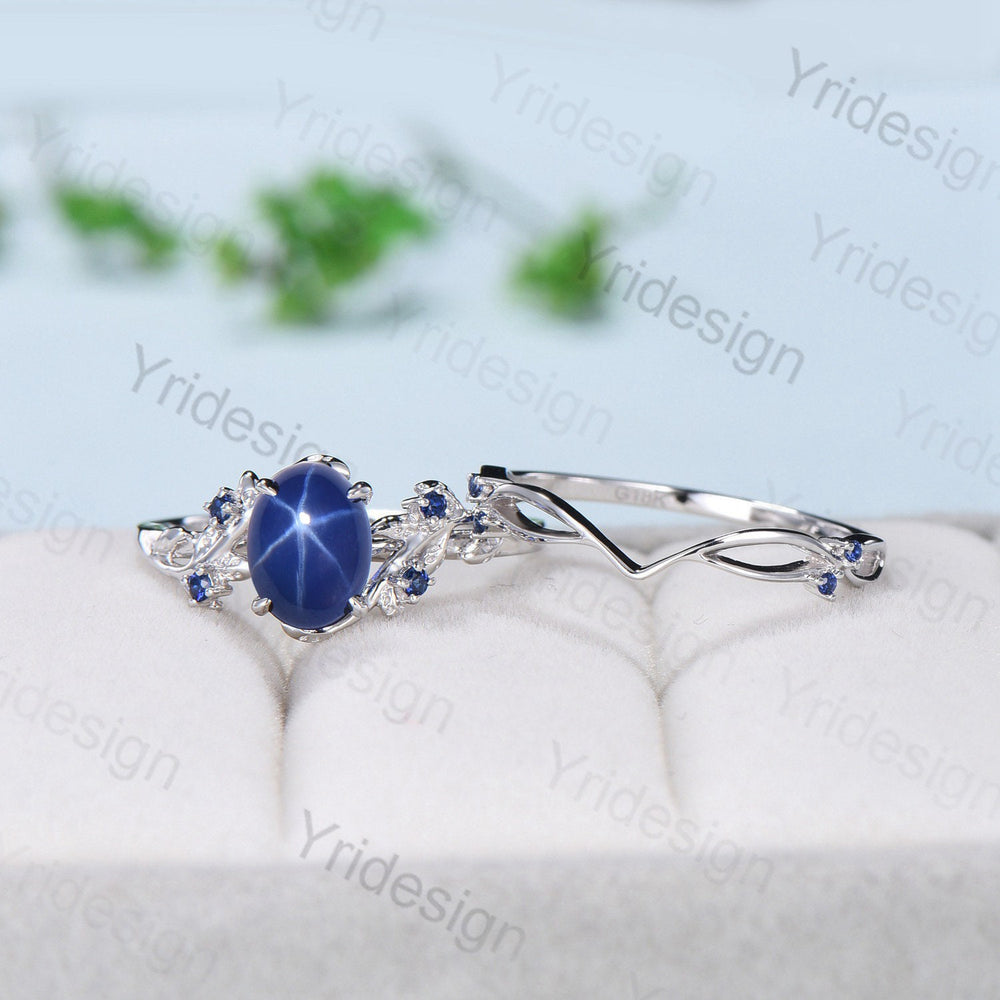 Leaf Star Sapphire Ring Set, Rose Gold Cluster Wedding Rings - PENFINE