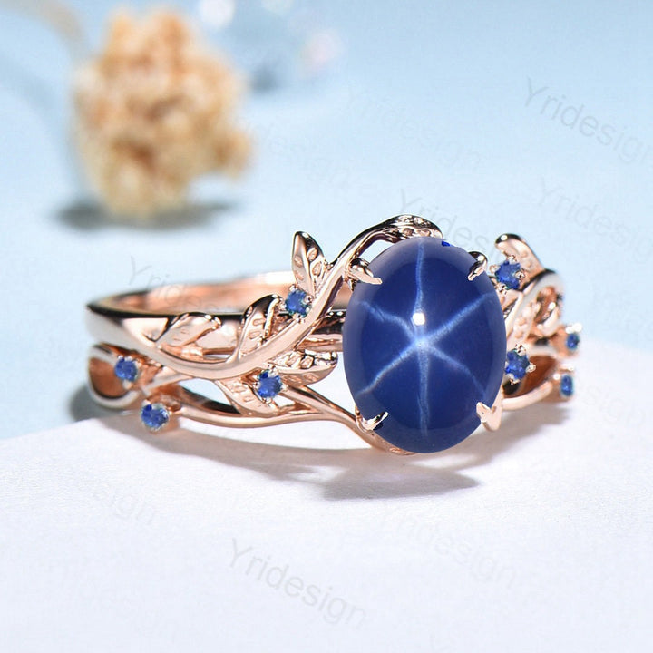 Leaf Star Sapphire Ring Set, Rose Gold Cluster Wedding Rings - PENFINE
