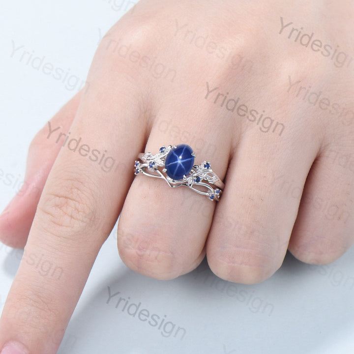 Leaf Star Sapphire Ring Set, Rose Gold Cluster Wedding Rings - PENFINE