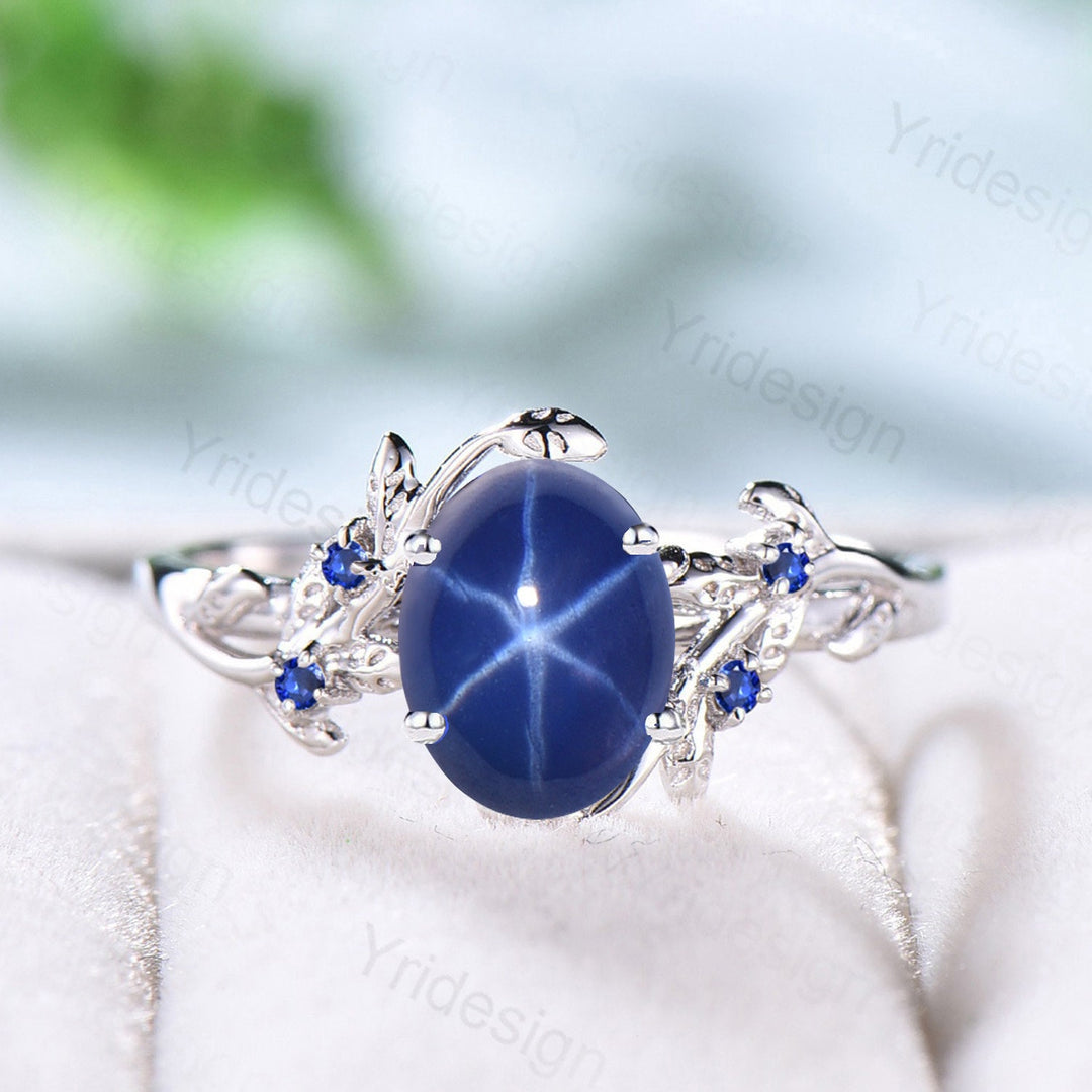 Leaf Star Sapphire Ring Set, Rose Gold Cluster Wedding Rings - PENFINE