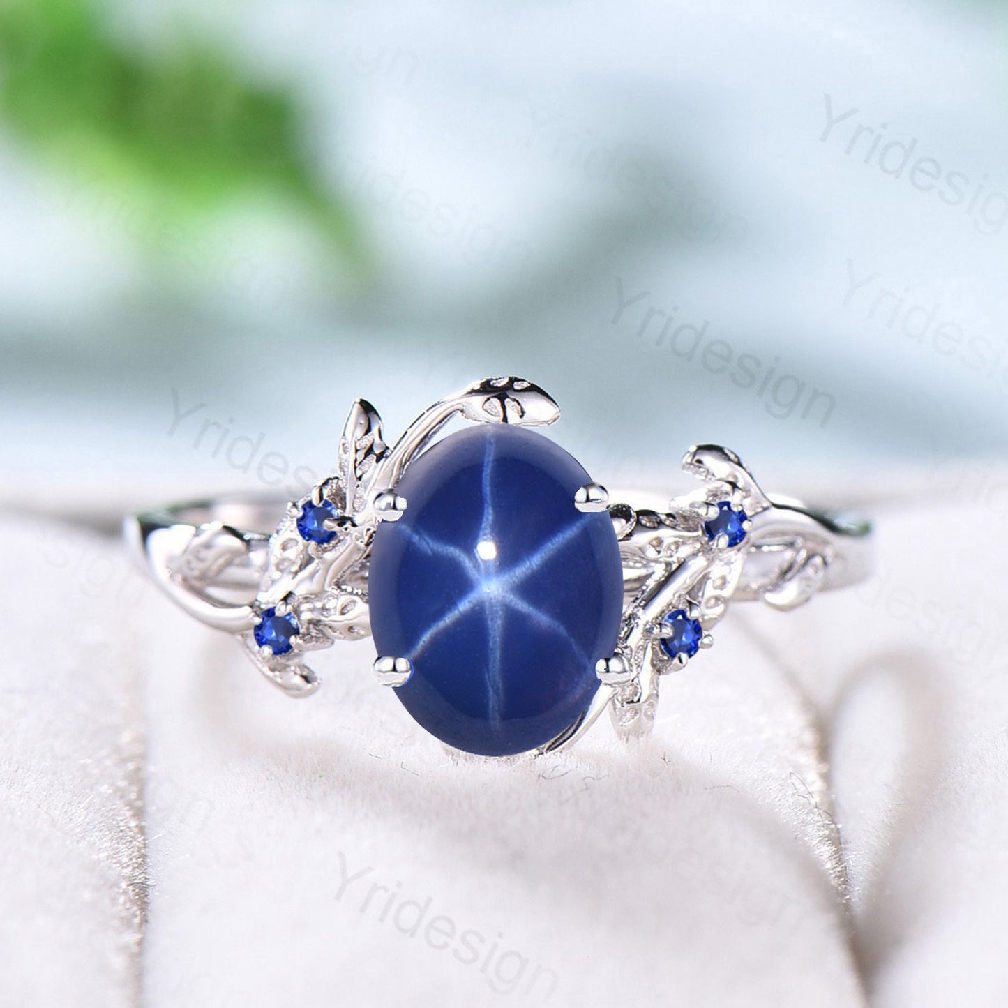 Leaf Star Sapphire Ring Set, Rose Gold Cluster Wedding Rings - PENFINE
