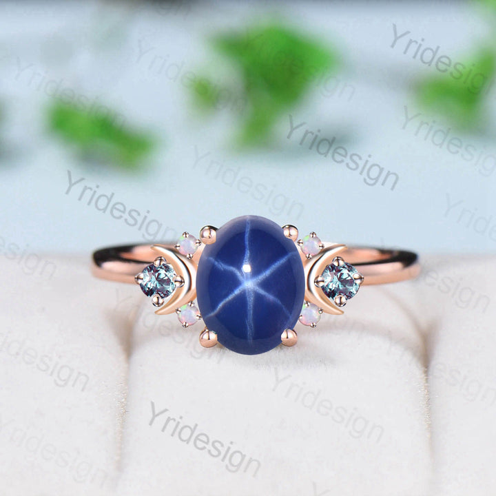 Vintage Star Sapphire Ring, Galaxy Moon Crystal, Moissanite Wedding Ring - PENFINE