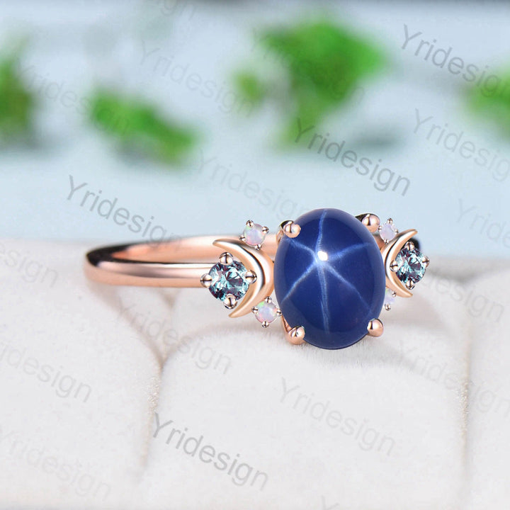 Vintage Star Sapphire Ring, Galaxy Moon Crystal, Moissanite Wedding Ring - PENFINE