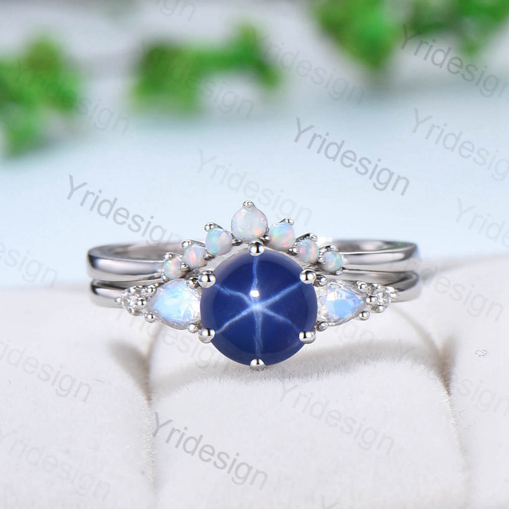 Vintage Star Sapphire Engagement Ring Set, Pear Moonstone & Opal - PENFINE