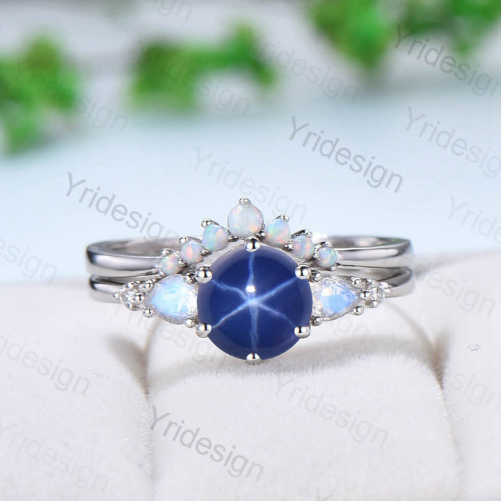 Vintage Star Sapphire Engagement Ring Set, Pear Moonstone & Opal - PENFINE