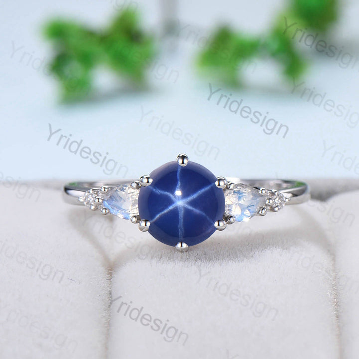 Vintage Star Sapphire Engagement Ring Set, Pear Moonstone & Opal - PENFINE