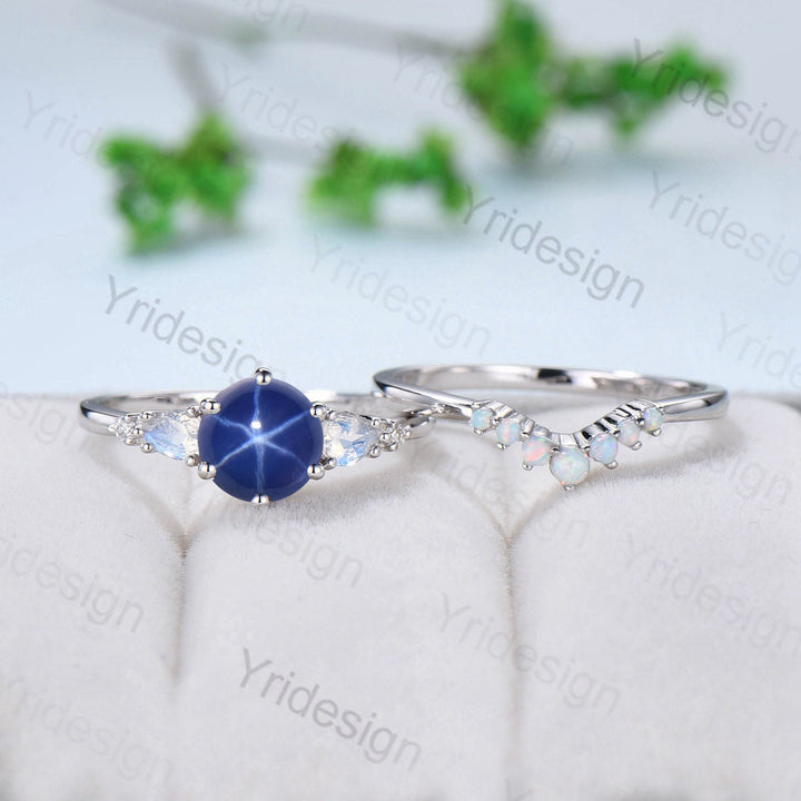 Vintage Star Sapphire Engagement Ring Set, Pear Moonstone & Opal - PENFINE
